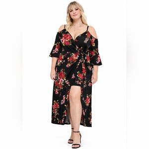 Find Me Plus Size Black Red Floral Wrap Dress 1X